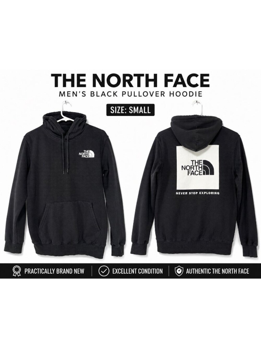 The North Face Hoodie Men’s Small Black Logo Pullover Sweatshirt Never Stop